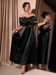 Cravure Christmas Plus Size Women's Off Shoulder Long Dress, 3D Floral Mesh Satin Shiny Extra Long Party Gown - Black - View 5