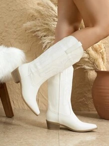 Styleloop Giày bốt cao đến giữa bắp chân dành cho nữ, phù hợp với phong cách Boho, Retro Mỹ, Bohemian, miền Tây, lễ hội âm nhạc, tiệc tùng, kỳ nghỉ, du lịch. - trắng - Xem 6