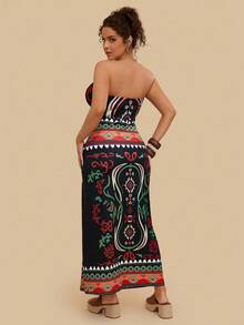 SHEIN VCAY Plus Size Women's Black Print Dress, Knit Stretchy Dress, Autumn Nomadic Boho Dress Strapless Midi Dress Tube Dresses For Women Mexican Dress Women Printed Strapless Dress Boho Maxi Dress Fall  Autumn  Elegant Dresses For Women Civil Wedding Dress Curvy Party Dresses Sunny Journey Frenchy Vacay Dress Summer Getaway​  Vacay Vibes