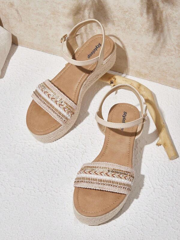 Styleloop Sandalias de plataforma y cuña de cuerda tejida para mujer, estilo de vacaciones BOHO Chic, atuendo retro de música country americana para festival