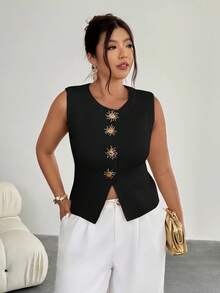 Firerie Plus Size Women Metal Sun Decor Ribbed Casual Knit Vest In Fall/Winter - Black - View 6
