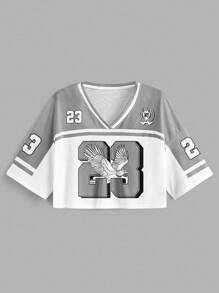 女士休闲V领宽松网眼T恤，印有数字23和鸽子图案，半袖设计，适合夏季和运动场合，也适合户外穿着，时尚百搭。休闲简约大码T恤，夏季必备。 - 彩色 - 查看 2