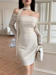 Modelyn Textured Fabric Tie-Strap Off Shoulder Cinched Waist Straight Mini Dress Fall Cloth For Women - Apricot - View 7