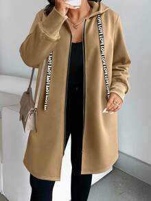 EMERY ROSE Plus Size Women Long Sleeve Zip Front Letter Drawstring Hooded Fleece Casual Jacket Winter Fall Autumn - Khaki - View 4
