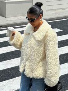 Muchica Women's Butter  Yellow Teddy Fleece Lapel Regular Jacket, Autumn/Winter New Arrival