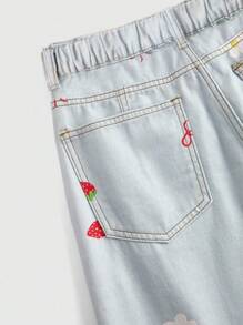 ROMWE Kawaii 女式大码草莓蝴蝶结花朵牛仔裤 - 淺色水洗藍 - 查看 4