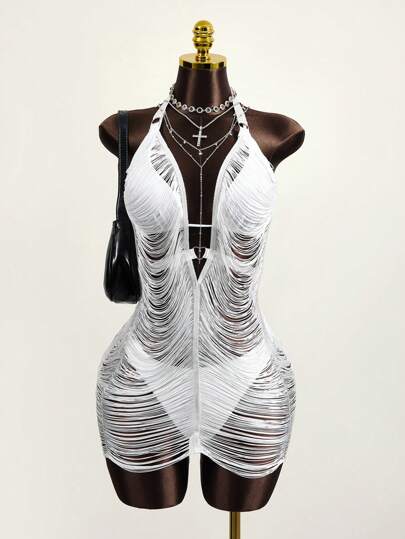 Zestiva Open Stitch Ring Linked Halter Neck Backless Bodycon Dress,Summer Beach