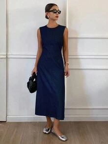 Livesso 女式夏季圆领束腰无袖露背牛仔连衣裙 - 藍色 - 查看 4