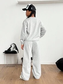 Ensemble t-shirt à manches longues col rond minimaliste de couleur unie et pantalon pour préadolescentes, vêtements d'hiver, vêtements d'automne, hauts à manches longues, chemises à manches longues - Gris - Voir 3