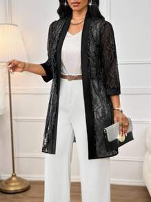 SHEIN Lady Women's Elegant Black Tea Party Cardigan,Shiny Shimmering Filigree Fabric Thin Midi Jacket,Lightweight Autumn Winter Clothes Casual Vacation Simple - White - View 8