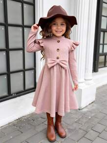 SHEIN 年轻女孩休闲复古优雅立领纹理提花纽扣系带长袖宽裙连衣裙。长袖连衣裙。秋季连衣裙。派对连衣裙。简单休闲，可爱优雅。秋季连衣裙。日常穿着。适合秋冬。 - 粉色 - 查看 12