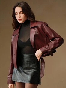 SHEIN X Jwoww Anewsta Áo khoác mô tô thời trang và thanh lịch dành cho nữ, kiểu dáng ngắn, màu đỏ tía, phù hợp cho mùa thu/đông và lễ Halloween - Màu Đỏ Sâu - Xem 7