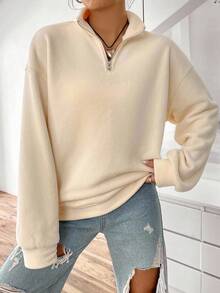 Women's Solid Color Zipper Half Placket Long Sleeve Casual Sweatshirt