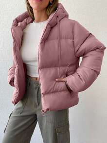 EURMUSE Women's Solid Color Long Sleeve Zipper Front Drawstring Hooded Casual Winter Jacket - Pink - View 5