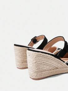 Styleloop Giày vải tối giản cho nữ có quai đeo mắt cá chân, dây chun, khóa kéo phía sau, mũi tròn giả da, khóa kim loại rỗng, dép xăng đan đế xuồng dệt dày màu đen, đi nghỉ - màu đen - Xem 5