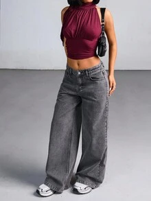EURMUSE 低腰灰色洗水宽松阔腿牛仔裤 - 灰色 - 查看 5