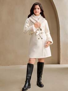 Tween Girl Coat Fall Clothes Fall Long Sleeve White Tween Girl Solid Color Fur Collar Zip Up Double-Breasted Mid-Length Jacket - Apricot - View 4