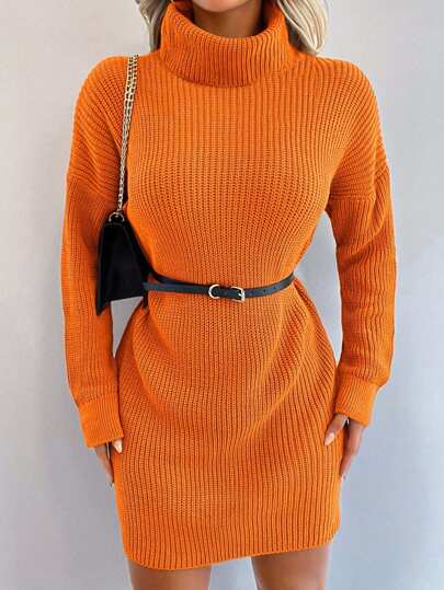 EURMUSE Solid Color Casual Long Sleeve Turtleneck Women Sweater Dresses