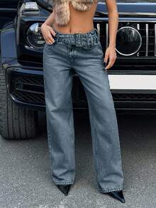 EURMUSE Low Waist Loose Straight Leg Jean Belt Detailed - Dusty Blue - View 4