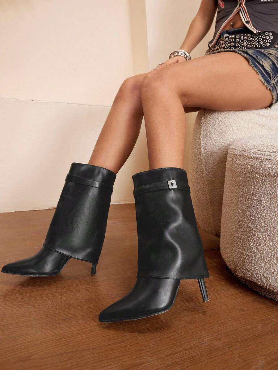 Daringsoles Casual Minimalist Versatile Pointed Toe Thin Heel Women Knee-High Boots - Black - View 1