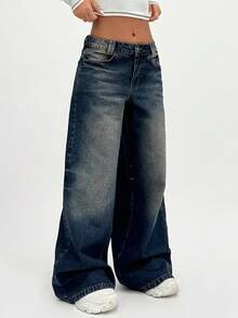 EURMUSE Low Waist Wash Detailed Wideleg Jean - Medium Wash - View 5
