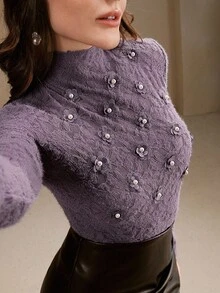 Anewsta 性感优雅紫色 3D 花卉蕾丝高领浪漫女士打底 T 恤 - 紫色 - 查看 7