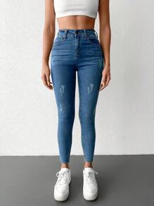 EURMUSE 98%Cotton High Waist Ripped Skinny Jeans - Blue - View 4