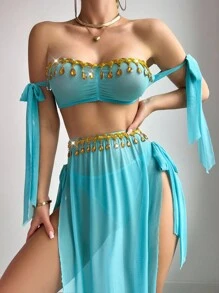 SHEIN 3 件套性感网眼流苏系带蝴蝶结抹胸上衣和丁字裤和裙子套装，外出精灵服装女式两件套夏季两件套肚皮舞服装两件套女式 - 淺藍色 - 查看 4