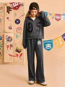 Paul Frank X SHEIN 2 piezas Conjunto de sudadera con capucha con cremallera y pantalón de chándal estampado numérico deportivo y casual para niña preadolescente, gris - Gris - Ver 7
