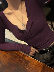 DAZY Áo thun dài tay cài nút màu trơn dành cho nữ, thời trang xuân hè, thu - Màu Đỏ Sâu - Xem 3