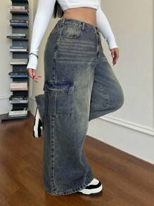 Dripcurv Plus Size Casual Loose Straight Leg Jeans, Blue Baggy Jeans Y2k Two Piece Denim Set Low Rise Jeans Cargo Jeans Wide Leg Jeans - Dark Wash - View 4