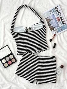 SHEIN 少女两件套露背上衣和超短裤套装，粉色休闲度假纹理服装，适合夏季、居家、青少年 - 黑與白 - 查看 2