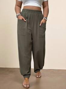 Freevana Plus Size Vacation Style Casual Jogger Pants With Pockets - Army Green - View 4