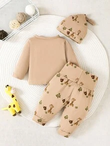 SHEIN Infant Long Sleeve Top With Full Print Giraffe Pattern & Pants Set - Apricot - View 2