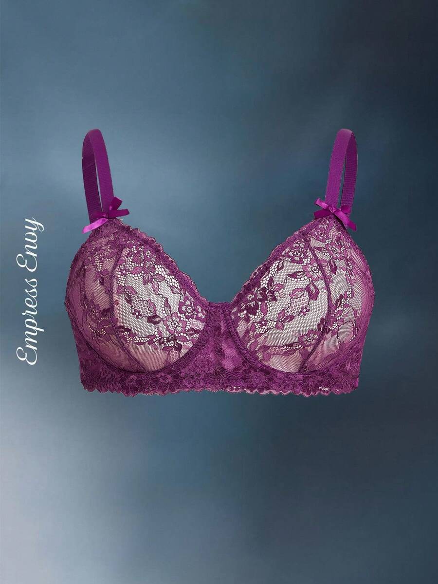 SHEIN مجموعة بليه مع رباط الدانتيل لحمالة الصدر لأحجام كبيرة، ملابس داخلية - الأرجواني - مشاهدة 1