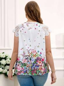 Reflora Áo sơ mi thời trang nữ cỡ lớn in hoa ren chắp vá, trang phục thường ngày, áo mùa hè thanh lịch, trang phục nghỉ dưỡng cho nữ, áo hoa mùa hè, trang phục đi biển cho nữ, trang phục nghỉ dưỡng, áo thường ngày cho nữ, áo trắng - Nhiều màu - Xem 2