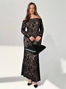 Auralis Plus-Size Elegant Ladies Dress, Lace Dress, Ladies Fall Dress, Autumn Dress, Long Sleeved Dress, Straight Shoulder Dress, Off Shoulder Lady Dress, Fall Clothes For Women Birthday Dresses For Women Fall Dresses For Women Black Formal Dress Women,Lace Dress Off The Shoulder Dress Dresses For Wedding Event Lace Skirt Elegant Dresses,Elegant Dresses For Women