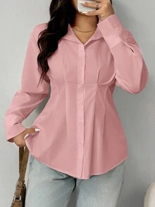 SHEIN EZwear 大码女式长袖褶皱单排扣休闲衬衫，粉色 - 粉色 - 查看 6