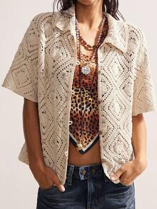 Bohemela Casual Loose Short Sleeve Button-Up Knit Top For Women, Suitable For Everyday Wear - Apricot - View 5