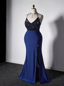 Viva Relle 大码女装 女士优雅亮片拼布露背缎面高腰连衣裙、宴会礼服、女士晚礼服 舞会礼服 女士正式舞会礼服 女士优雅连衣裙 女士舞会礼服 - 藍色 - 查看 3