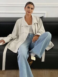 Livesso 秋冬新款宽松休闲加厚风衣女式常规外套女式大衣 - 卡其色 - 查看 7