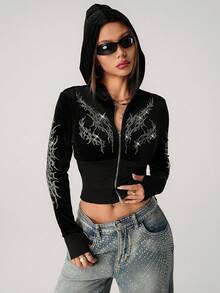 SHEIN ICON 水钻装饰天鹅绒连帽束腰夹克黑色天鹅绒短款连帽衫秋冬款 - 黑色 - 查看 5