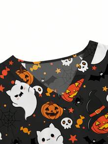 PopScrub 女士V领短袖双口袋可爱鬼猫女巫南瓜骷髅印花护士/医生工作制服上衣/检查手术服 - 深灰色 - 查看 3