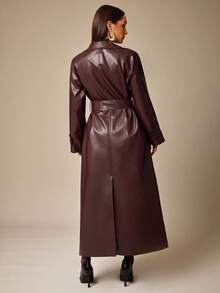 Silquee 女士纯色时尚长款翻领风衣长款外套女士长款外套皮革外套仿皮外套皮革风衣女秋冬长款外套 - 酒紅色 - 查看 2