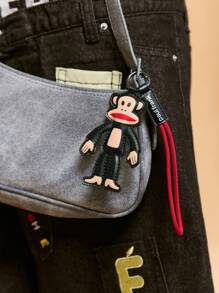 Paul Frank X SHEIN 1 件卡通人物 PU 皮革包饰、钥匙扣、吊坠 - 猴子设计，时尚，可装饰包包、衣服、卡包 - 黑色 - 查看 4