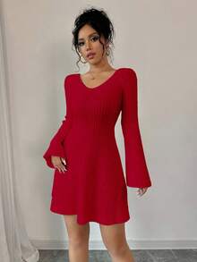 EURMUSE Women's Solid Color Off Shoulder Long Sleeve Ribbed Knit Sweater Dress,Winter Dresses - Red - View 5