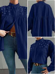 EURMUSE 100%Cotton Women's Elegant Solid Color Stand Collar Lantern Sleeve Shirt With Ruffle Trim, Rhinestone Decoration And Pleats, Spring And Summer - Navy Blue - View 5