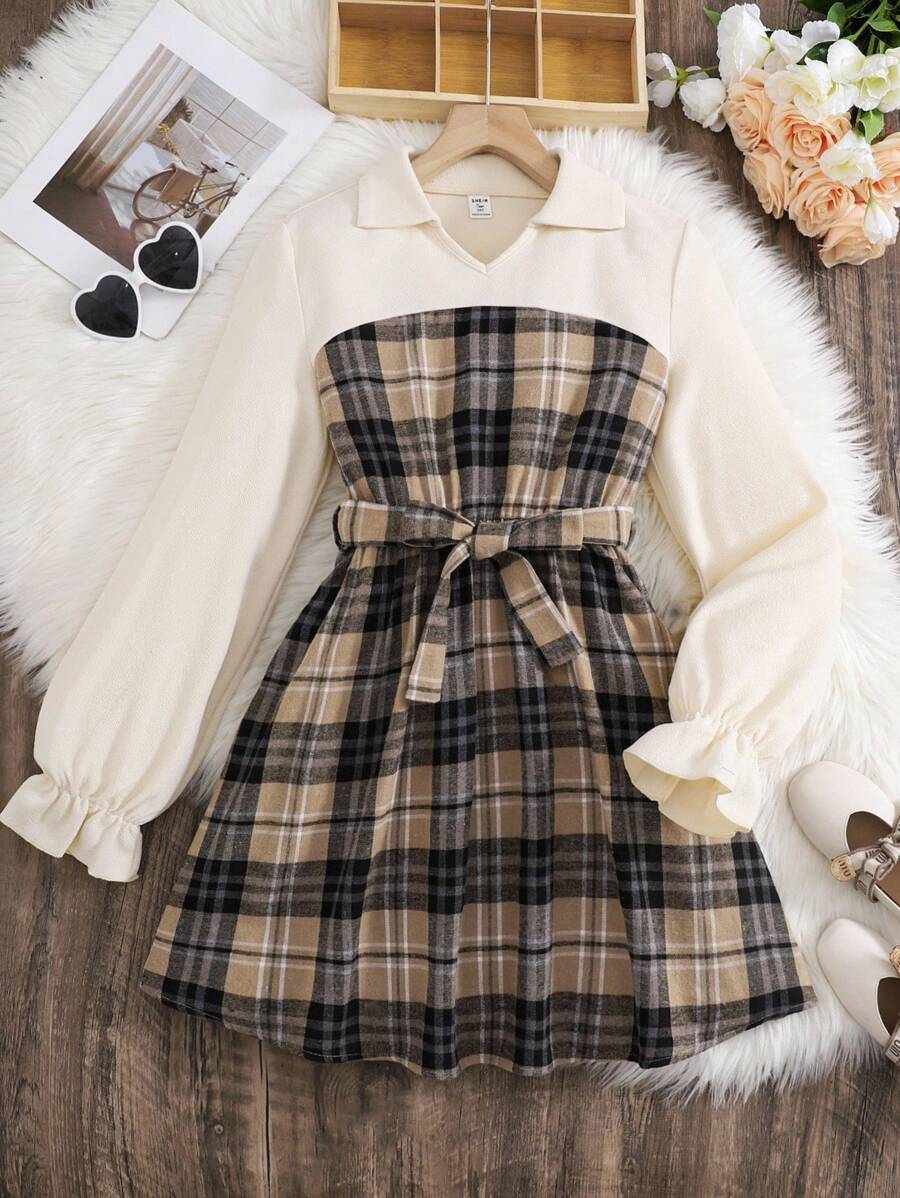 SHEIN 少女棕色格子荷叶袖系带衬衫领连衣裙/返校季校园纹理连衣裙，腰部系带撞色设计，适合冬季、假日、新年、复古、圣诞节、新年等场合。 - 卡其色 - 查看 1