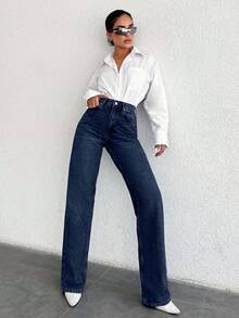 SHEIN Tall 100%纯棉高腰直筒牛仔裤 - 深色水洗藍 - 查看 5