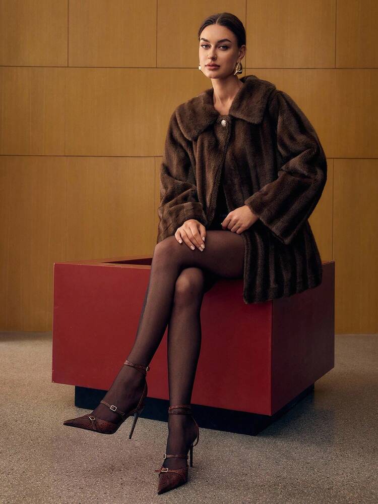 LONG SLEEVE BUTTON FAUX FUR COAT